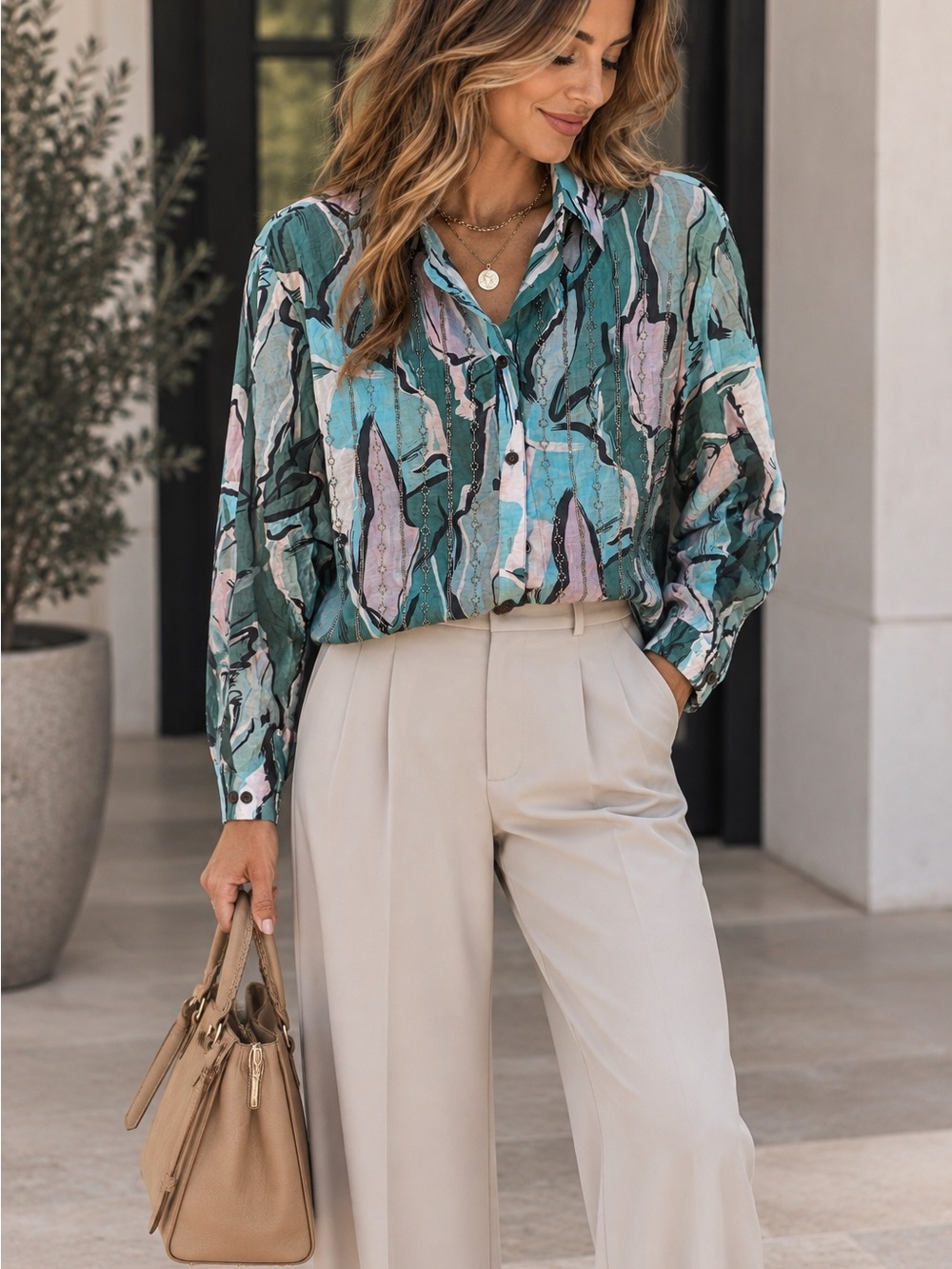 NWT Galita Abstract Print Rhinestone Button Down Shirt Large Green Blue Boho